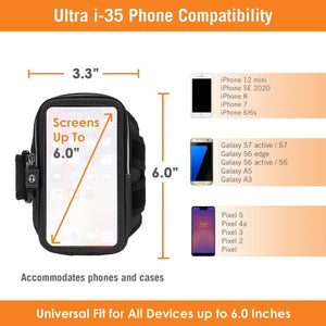 Ultra i-35 Smartphone Fits Screens Up to 6" Armband for iPhone for iPhone 12 mini/SE 2020, Galaxy S7/S6, Google Pixel 4a & more