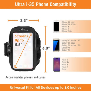 Ultra i-35 Smartphone Armband for iPhone 8/7/6/SE, Galaxy S7/S6, Google Pixel 3 & more Fits Screens Up To 5.5"